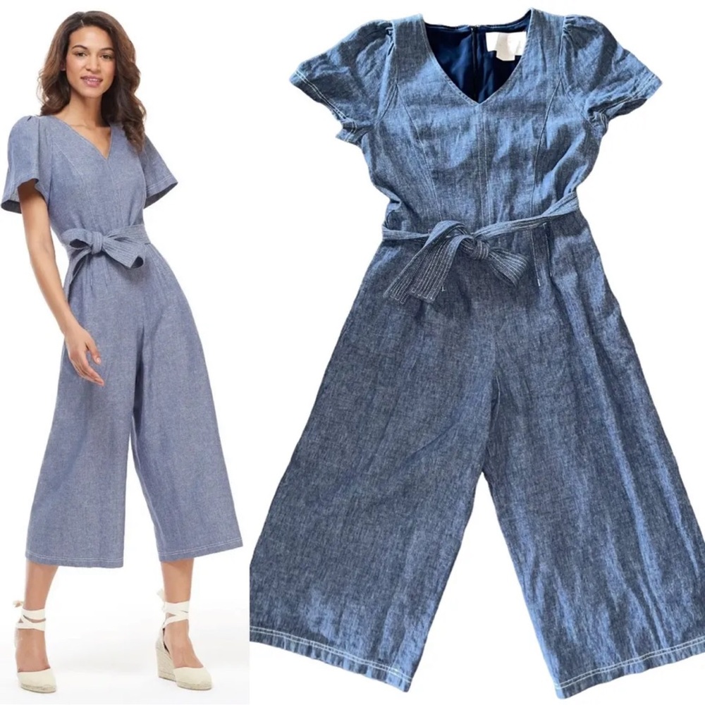Gal Meets Glam Chambray Blue Wide-Leg Jumpsuit with Tie Waist